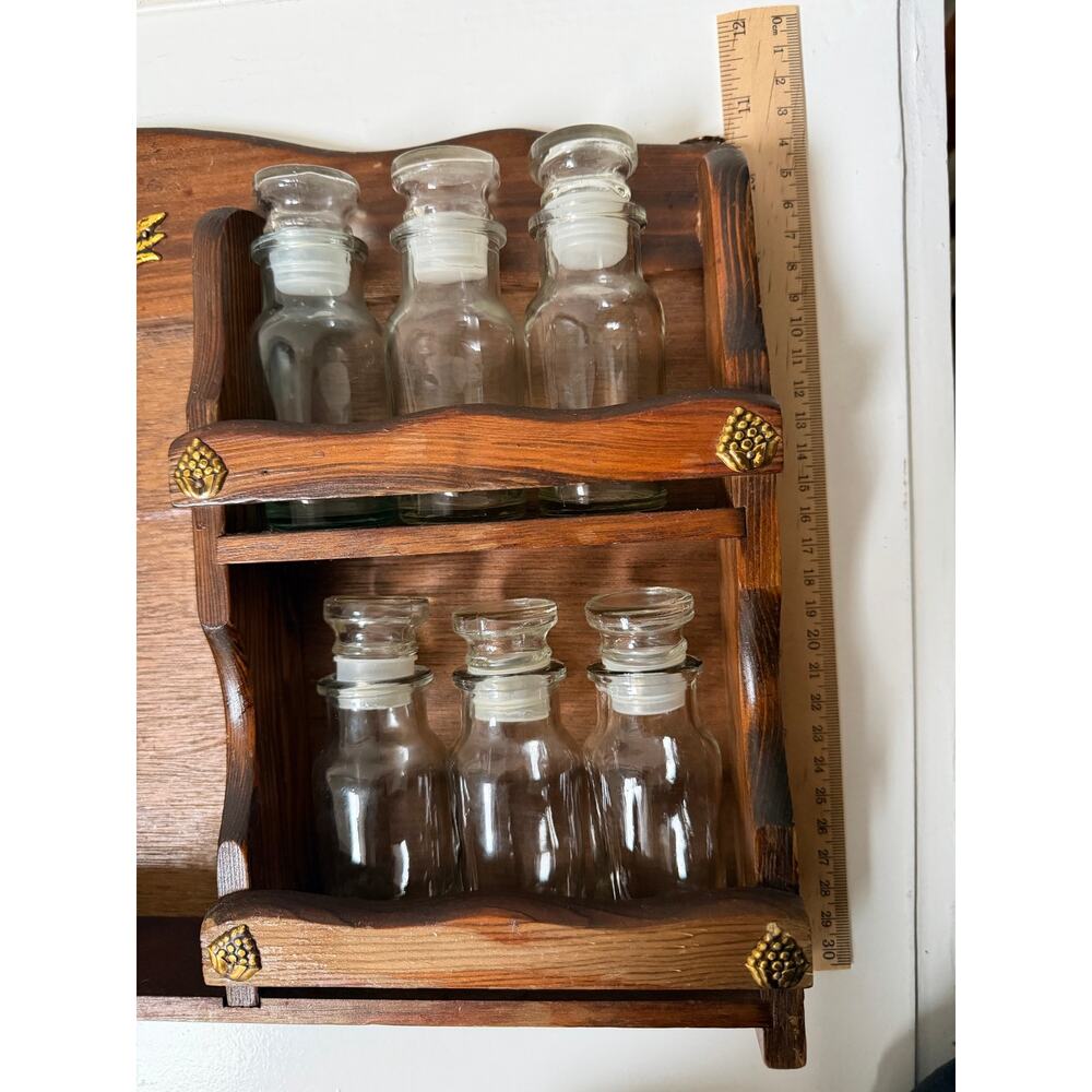 Vintage Mid-Century Wooden Apothecary Spice Rack Wall Mount with Glass Bottles - Picture 9 of 10